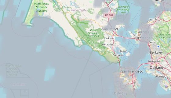 Cloud data drawn over a street map, showing fog along the coast while the East Bay is clear.